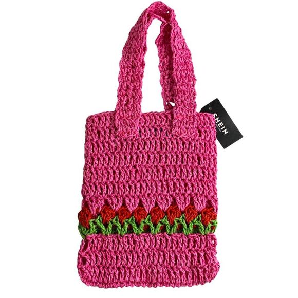 SHEIN Handbags - SHEIN Pink Crochet Tote Bag Handmade Look Flower Detail Knit Shopper NWT